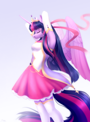 Size: 3008x4039 | Tagged: safe, artist:sparkling_light, character:twilight sparkle, character:twilight sparkle (alicorn), species:alicorn, species:anthro, g4, clothing, colored eyebrows, crown, dress, eyebrows, eyes closed, female, gloves, gradient background, high res, jewelry, long gloves, magical girl, mare, navel cutout, profile, regalia, ribbon, simple background, socks, solo, stockings, thigh highs, wings