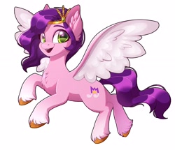 Size: 2290x1973 | Tagged: safe, artist:_ladybanshee_, character:pipp petals, species:pegasus, species:pony, g5, my little pony: a new generation, chest fluff, circlet, coat markings, colored eyebrows, colored hooves, eyebrows, fetlock tuft, hooves, looking at you, open mouth, open smile, pipp wings, smiling, socks (coat marking), solo, spread wings, three quarter view, unshorn fetlocks, wings