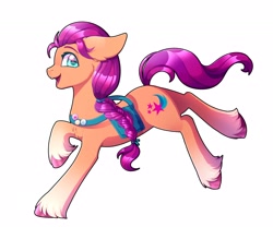 Size: 3012x2504 | Tagged: safe, artist:_ladybanshee_, character:sunny starscout, species:earth pony, species:pony, g5, my little pony: a new generation, bag, braid, chest fluff, coat markings, colored hooves, ear fluff, female, fetlock tuft, floppy ears, full body, happy, hooves, mare, open mouth, open smile, profile, running, saddle bag, satchel, simple background, smiling, socks (coat marking), solo, sunny's buttons, unshorn fetlocks, white background