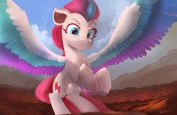 Size: 4896x3200 | Tagged: safe, artist:auroriia, character:zipp storm, species:pegasus, species:pony, g5, bipedal, cloud, colored eyebrows, colored hooves, colored wings, complex background, cutie mark, eyebrows, eyelashes, female, frown, high res, hooves, looking at you, looking down, looking down at you, mare, mountain, multicolored wings, rearing, signature, sky, solo, spread wings, three quarter view, unamused, wings