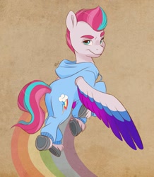 Size: 1789x2048 | Tagged: safe, artist:artharuhi, character:rainbow dash, character:zipp storm, species:pegasus, species:pony, g4, g5, adorazipp, clothing, colored eyebrows, colored hooves, colored wings, cute, eyebrows, female, flying, hoof heart, hooves, looking at you, mare, multicolored wings, onesie, pajamas, rainbow, rainbow trail, simple background, smiling, smirk, solo, three quarter view, underhoof, unshorn fetlocks, wings