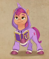 Size: 1710x2048 | Tagged: safe, artist:artharuhi, character:sunny starscout, character:twilight sparkle, species:earth pony, species:pony, g4, g5, book, clothing, colored eyebrows, colored hooves, eyebrows, eyebrows visible through hair, female, friendship journal, hoof hold, hooves, mare, onesie, pajamas, simple background, solo, unshorn fetlocks