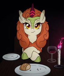 Size: 1920x2261 | Tagged: safe, artist:nathayro37, character:autumn blaze, species:kirin, g4, alcohol, black background, bread, candle, cloven hooves, colored hooves, dinner, drink, eyebrows, female, food, full face view, glass, holiday, hooves, looking at you, romantic, simple background, smiling, solo, valentine's day, wine, wine glass