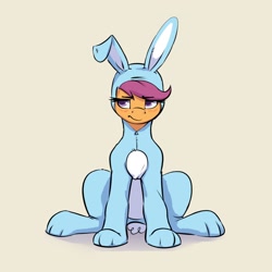 Size: 1952x1952 | Tagged: safe, artist:aquaticvibes, character:scootaloo, species:pegasus, species:pony, g4, animal costume, blushing, bunny costume, clothing, costume, cute, cutealoo, embarrassed, eyelashes, female, filly, looking sideways, simple background, sitting, solo, tan background, young