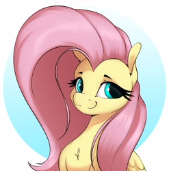 Size: 2925x2961 | Tagged: safe, artist:aquaticvibes, character:fluttershy, species:pegasus, species:pony, g4, bust, eyebrows, eyelashes, female, looking sideways, mare, portrait, simple background, smiling, solo