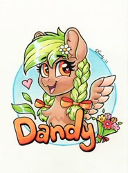 Size: 1626x2192 | Tagged: safe, artist:dandy, oc, oc:sylvia evergreen, species:pegasus, species:pony, blushing, braided pigtails, cute, eyebrows, eyebrows visible through hair, eyelashes, female, floating heart, flower, flower in hair, freckles, heart, looking sideways, mare, marker drawing, ocbetes, open mouth, ribbon, solo, spread wings, traditional art, wings