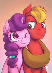 Size: 955x1351 | Tagged: safe, artist:mysticalpha, character:big mcintosh, character:sugar belle, species:pony, ship:sugarmac, g4, apple family member, eyebrows, female, gradient background, looking at each other, male, mare, shipping, simple background, stallion, straight, three quarter view