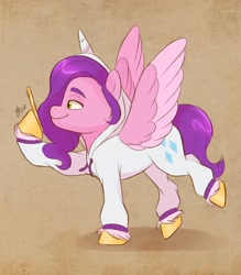 Size: 1790x2048 | Tagged: safe, artist:artharuhi, part of a set, character:pipp petals, character:rarity, species:pegasus, species:pony, g4, g5, adorapipp, cellphone, clothing, colored hooves, cute, female, hoodie, hoof hold, hooves, mare, onesie, pajamas, phone, pipp wings, profile, raised hoof, raised leg, smartphone, solo, spread wings, unshorn fetlocks, wings