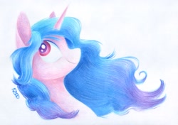 Size: 2262x1594 | Tagged: safe, artist:rsd500, character:izzy moonbow, species:pony, species:unicorn, g5, blue mane, bust, colored pencil drawing, colored pupils, drawing, female, gradient hair, looking up, mare, multicolored hair, profile, signature, simple background, smiling, solo, traditional art, wavy mane, white background