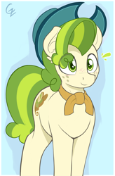 Size: 1442x2203 | Tagged: safe, artist:czu, character:pistachio, species:earth pony, species:pony, g4, blue background, clothing, colored pupils, cute, eye clipping through hair, freckles, hat, male, scarf, signature, simple background, solo, three quarter view