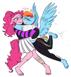 Size: 1368x1478 | Tagged: safe, artist:redxbacon, character:pinkie pie, character:rainbow dash, species:anthro, species:earth pony, species:pegasus, species:unguligrade anthro, ship:pinkiedash, g4, bandage, bandaid, blouse, blushing, clothing, colored hooves, eyes closed, female, floppy ears, grin, happy, heart, hooves, hug, jersey, lesbian, lidded eyes, mare, shipping, shirt, simple background, skirt, smiling, spread wings, white background, wings