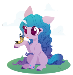 Size: 2925x3000 | Tagged: safe, artist:belka-sempai, character:izzy moonbow, species:pony, species:unicorn, g5, bracelet, butterfly, chest fluff, cloud, colored pupils, cute, female, gradient mane, high res, izzybetes, jewelry, leg fluff, lineless, looking at something, mare, multicolored hair, one ear down, open mouth, partial background, raised hoof, simple background, sitting, solo, three quarter view, transparent background, unshorn fetlocks
