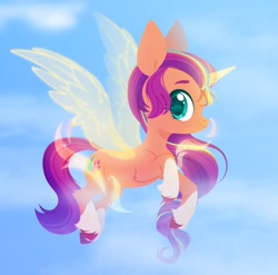 Size: 1280x1267 | Tagged: safe, artist:belka-sempai, character:sunny starscout, species:alicorn, species:pony, g5, my little pony: a new generation, alicornified, coat markings, colored eyebrows, colored hooves, colored pupils, cute, eyebrows, female, hooves, looking at you, looking sideways, magic horn, magic wings, mare, princess sunny starscout, profile, race swap, side view, smiling, smiling at you, socks (coat marking), solo, spread wings, sunnybetes, sunnycorn, unshorn fetlocks, wings