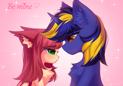 Size: 2409x1694 | Tagged: safe, artist:airiniblock, rcf community, oc, oc only, oc:airi, oc:vajr, species:bat pony, species:pony, species:unicorn, episode:hearts and hooves day, g4, my little pony: friendship is magic, bust, chest fluff, colored pupils, ear fluff, eyebrows, eyebrows visible through hair, female, floating heart, floppy ears, fluffy, heart, heart eyes, holiday, looking at each other, male, mare, profile, shipping, stallion, straight, text, valentine's day, wingding eyes