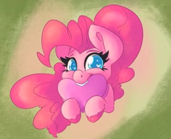 Size: 2598x2119 | Tagged: safe, artist:leadhooves, character:pinkie pie, species:earth pony, species:pony, g4, abstract background, colored eyebrows, colored hooves, colored pupils, cute, diapinkes, eyebrows, female, heart eyes, holding, holiday, hooves, looking at you, mare, mouth hold, open mouth, open smile, smiling, solo, unshorn fetlocks, valentine's day, wingding eyes