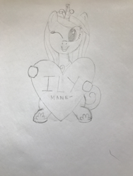 Size: 3024x4032 | Tagged: safe, artist:mercurial, character:princess cadance, species:pony, g4, cute, female, heart, holiday, lineart, looking at you, mare, one eye closed, sitting, solo, traditional art, valentine's day, wink, winking at you