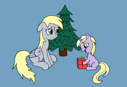 Size: 2780x1898 | Tagged: safe, artist:mercurial, character:derpy hooves, character:dinky hooves, species:pony, g4, christmas, christmas tree, duo, female, filly, holiday, manechat secret santa 2021, mare, new year, sitting, teary eyes, tree, young