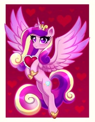 Size: 3149x4020 | Tagged: safe, artist:confetticakez, character:princess cadance, species:alicorn, species:pony, g4, clothing, crown, cute, cutedance, cutie mark, female, heart eyes, heart pillow, holiday, hoof shoes, horn, jewelry, looking at you, mare, pillow, regalia, shoes, smiling, solo, spread wings, tail, valentine's day, wingding eyes, wings