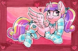 Size: 2683x1767 | Tagged: safe, artist:dandy, character:princess cadance, species:alicorn, species:pony, g4, blushing, choker, clothing, cutie mark, ear fluff, eyebrows, eyebrows visible through hair, eyelashes, female, floating heart, heart, heart eyes, horn, jewelry, looking sideways, mare, marker drawing, necklace, ponytail, ribbon, smiling, solo, spread wings, stockings, striped stockings, tail, thigh highs, traditional art, wingding eyes, wings