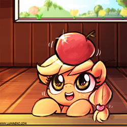Size: 500x500 | Tagged: safe, artist:lumineko, character:applejack, species:earth pony, species:pony, g4, apple, balancing, cute, eyes on the prize, female, filly, filly applejack, food, freckles, jackabetes, open mouth, open smile, signature, smiling, solo, that pony sure does love apples, young, younger
