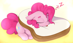 Size: 3000x1780 | Tagged: safe, artist:lockheart, character:pinkie pie, species:earth pony, species:pony, g4, abstract background, bread, cat breading, colored eyebrows, cute, diapinkes, eyebrows, eyes closed, female, floppy ears, food, high res, lying down, mare, onomatopoeia, pillow, prone, sleeping, solo, sound effects, tongue out, weapons-grade cute, zzz