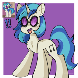 Size: 1280x1280 | Tagged: safe, artist:lolettecore, derpibooru original, character:dj pon-3, character:vinyl scratch, species:pony, species:unicorn, g4, abstract background, anime, chest fluff, chibi, cute, exclamation point, eyebrows, eyebrows visible through hair, female, hooves, horn, leg fluff, mare, multicolored mane, music, open mouth, open smile, shading, signature, simple background, smiling, standing, tail, two toned mane, two toned tail