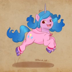 Size: 3508x3508 | Tagged: safe, artist:artharuhi, character:izzy moonbow, character:pinkie pie, species:pony, species:unicorn, g4, g5, clothing, colored eyebrows, colored hooves, cute, eyebrows, female, gradient hair, hooves, izzybetes, mare, multicolored hair, onesie, open mouth, open smile, pajamas, signature, smiling, solo, unshorn fetlocks