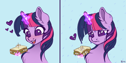 Size: 1876x937 | Tagged: safe, artist:vetta, character:twilight sparkle, character:twilight sparkle (unicorn), species:pony, species:unicorn, episode:the ticket master, g4, my little pony: friendship is magic, 2 panel comic, blushing, chest fluff, comic, cute, daffodil and daisy sandwich, female, food, glowing horn, gradient background, happy, heart, herbivore, horn, magic, magic aura, mare, no pupils, rain, sad, sadorable, sandwich, solo, telekinesis, toothpick, twiabetes