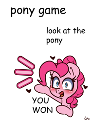 Size: 1100x1457 | Tagged: safe, artist:lou, derpibooru original, character:pinkie pie, species:earth pony, species:pony, g4, blue eyes, blushing, bust, comic sans, cute, diapinkes, featured on derpibooru, female, game, heart, looking at you, mare, meme, open mouth, open smile, pink mane, signature, simple background, smiling, smiling at you, solo, text, white background