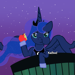 Size: 769x771 | Tagged: safe, artist:kaifloof, character:princess luna, species:alicorn, species:pony, februpony, episode:luna eclipsed, g4, my little pony: friendship is magic, apple, eating, female, food, holiday, mare, night, nightmare night, puffy cheeks, scene interpretation, solo