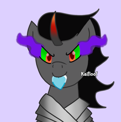 Size: 769x771 | Tagged: safe, artist:kaifloof, character:king sombra, species:pony, species:umbrum, species:unicorn, februpony, g4, armor, crystal, crystal heart, holding, male, mouth hold, sharp teeth, solo, sombradorable, stallion, that pony sure does love crystals