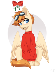 Size: 1700x2200 | Tagged: safe, artist:rinteen, oc, oc only, unnamed oc, species:pegasus, species:pony, g4, abstract background, blushing, christmas, clothing, colored pupils, eyebrows, eyebrows visible through hair, goggles, goggles on head, holiday, male, mistletoe, oc name needed, open mouth, pegasus oc, signature, simple background, sitting, solo, stallion, sweater, three quarter view, white background, wings