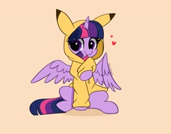 Size: 4096x3210 | Tagged: safe, artist:kittyrosie, character:twilight sparkle, character:twilight sparkle (alicorn), species:alicorn, species:pony, g4, blushing, clothing, cosplay, costume, crossover, cute, female, floating heart, heart, high res, hoodie, kigurumi, mare, nintendo, onesie, pikachu, pokémon, signature, simple background, sitting, solo, spread wings, starry eyes, three quarter view, twiabetes, video game, wingding eyes, wings, yellow background