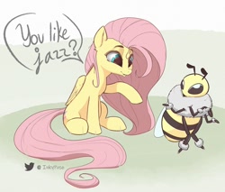 Size: 1200x1022 | Tagged: safe, artist:inkypuso, character:fluttershy, species:pegasus, species:pony, g4, bee, dialogue, eyebrows, female, looking at each other, mare, raised hoof, signature, sitting, speech bubble, text, three quarter view, wings