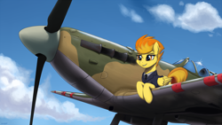 Size: 3200x1799 | Tagged: safe, artist:mrscroup, character:spitfire, species:pegasus, species:pony, g4, aircraft, clothing, cloud, eyebrows, female, fighter plane, lying down, mare, namesake, prone, propeller, propeller plane, pun, royal air force, sky, solo, supermarine spitfire, three quarter view, uniform, visual gag, world war ii