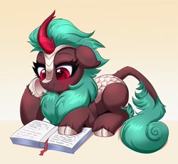 Size: 3835x3542 | Tagged: safe, artist:confetticakez, character:summer chills, species:kirin, episode:the last problem, g4, my little pony: friendship is magic, blushing, book, colored pupils, cute, female, floppy ears, heart eyes, high res, hoof on cheek, kirinbetes, lying down, prone, reading, simple background, smiling, solo, three quarter view, underhoof, unshorn fetlocks, wingding eyes