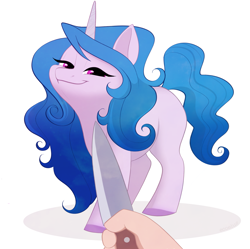 Size: 2563x2550 | Tagged: safe, artist:ecoelus, character:izzy moonbow, species:human, species:pony, species:unicorn, g5, my little pony: a new generation, blue mane, colored hooves, female, gradient hair, hand, high res, hooves, horn, knife, knife cat, lidded eyes, long mane, looking at you, mare, meme, multicolored hair, offscreen character, ponified, ponified meme, pov, shadow, side view, simple background, smiling, smug, threatening, three quarter view, weapon, white background