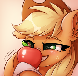 Size: 1947x1903 | Tagged: safe, artist:zeepheru_pone, character:applejack, species:earth pony, species:pony, g4, apple, applejack's hat, blushing, clothing, colored eyebrows, cowboy hat, ear fluff, eyebrows, female, food, freckles, hat, lidded eyes, mare, signature, simple background, smiling, solo, stetson, that pony sure does love apples