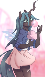 Size: 1758x3000 | Tagged: safe, artist:lambibelle, character:queen chrysalis, species:anthro, species:changeling, g4, abstract background, bandage, bandaid, bubblegum, candy, changeling queen, clothing, cotton candy, cute, cutealis, eye clipping through hair, female, food, gum, high res, jacket, miniskirt, moe, skirt, solo, three quarter view