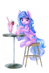 Size: 795x1189 | Tagged: safe, artist:maytee, character:izzy moonbow, species:pony, species:unicorn, g5, colored pencil drawing, cute, drink, female, food, gradient hair, izzybetes, looking at you, mare, milkshake, multicolored hair, simple background, sitting, solo, stool, strawberry, table, three quarter view, traditional art, white background