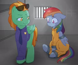 Size: 2448x2048 | Tagged: safe, artist:ponchik_art, character:lightning dust, character:rainbow dash, species:pony, g4, bondage, bound wings, cell, clothing, cuffed, female, floppy ears, indoors, jail, looking down, mare, prison, prison outfit, prisoner, prisoner rd, smiling, smirk, three quarter view, wing cuffs, wings