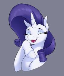 Size: 2083x2451 | Tagged: safe, artist:aquaticvibes, character:rarity, species:pony, species:unicorn, g4, bust, eyelashes, eyes closed, eyeshadow, female, gray background, horn, laughing, makeup, mare, open mouth, portrait, simple background, solo