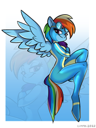 Size: 1427x1889 | Tagged: safe, artist:lummh, part of a set, character:rainbow dash, species:anthro, species:pegasus, species:unguligrade anthro, g4, arms folded, clothing, female, goggles, looking sideways at you, mare, signature, sitting, solo, spread wings, tail, uniform, wings, wonderbolts, wonderbolts uniform, zoom layer