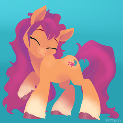 Size: 2048x2048 | Tagged: safe, artist:pfeffaroo, character:sunny starscout, species:earth pony, species:pony, g5, my little pony: a new generation, alternate hairstyle, blue background, coat markings, colored eyebrows, colored hooves, cute, eyebrows, eyes closed, female, full body, gradient background, happy, high res, hooves, long mane, long tail, mare, raised hoof, signature, simple background, smiling, socks (coat marking), solo, standing, sunnybetes, tail, unshorn fetlocks