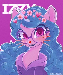 Size: 1825x2160 | Tagged: safe, artist:xfrncstomiku, character:izzy moonbow, species:pony, species:unicorn, g5, cat face, clothing, colored pupils, cute, female, flower, flower in hair, glasses, gradient mane, heart nose, hoodie, izzybetes, looking at you, mare, multicolored hair, pink background, round glasses, simple background, smiling, snapchat, snapchat filter, solo, text, three quarter view, weapons-grade cute, whiskers
