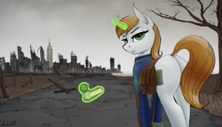 Size: 3500x2000 | Tagged: safe, artist:apocheck13, oc, oc only, oc:littlepip, species:pony, species:unicorn, fallout equestria, butt, city, crossover, cutie mark, dock, explicit source, fallout, female, glowing horn, gun, horn, levitation, looking at you, looking back, looking back at you, magic, manehattan, mare, pistol, ruins, saddle bag, solo, tail, telekinesis, tree, weapon