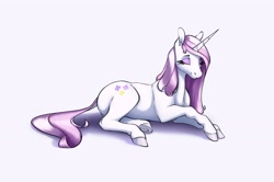 Size: 3139x2087 | Tagged: safe, artist:aquaticvibes, character:fleur-de-lis, species:pony, species:unicorn, g4, cutie mark, eyebrows, eyelashes, eyeshadow, gray background, horn, lying down, makeup, on side, simple background, smiling, solo, tail