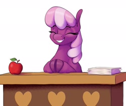 Size: 1965x1643 | Tagged: safe, artist:aquaticvibes, character:cheerilee, species:earth pony, species:pony, g4, apple, cheeribetes, cute, desk, eyebrows, eyelashes, eyes closed, female, food, grin, hooves together, mare, paper, simple background, sitting, smiling, solo, white background