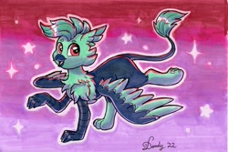 Size: 2048x1369 | Tagged: safe, artist:dandy, oc, oc only, oc:baja, species:griffon, ear fluff, leonine tail, looking sideways, male, marker drawing, open mouth, paws, smiling, solo, spread wings, tail, traditional art, wings