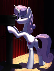 Size: 2250x3000 | Tagged: safe, artist:dash wang, character:sweetie belle, species:pony, species:unicorn, g4, bipedal, bipedal leaning, butt, camera, curtains, dock, eyebrows, eyelashes, female, high res, horn, leaning, mare, older, older sweetie belle, one eye closed, plot, signature, solo, spotlight, stage, standing, tail, three quarter view